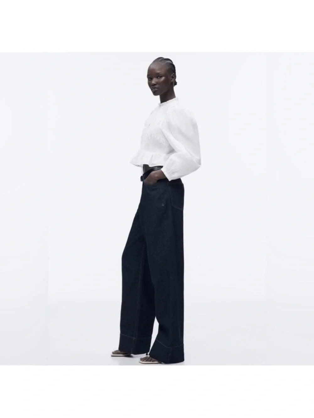 Zara White Smocked Ruffle Hem Puff Sleeve Blouse